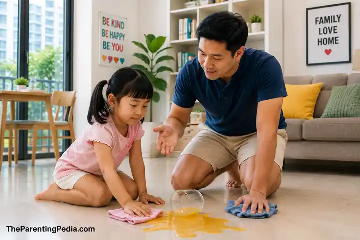 Father helping his daughter clean up a spill to teach emotional literacy for children through calm guidance.