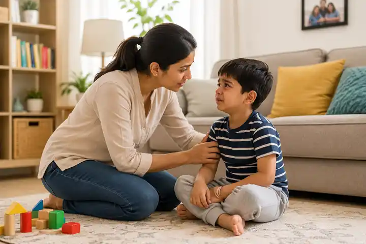 Parent calmly helping a child build Emotional Literacy for Children after an emotional outburst.