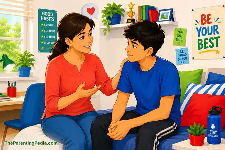 Parent talking to teen about teenage body odor during puberty