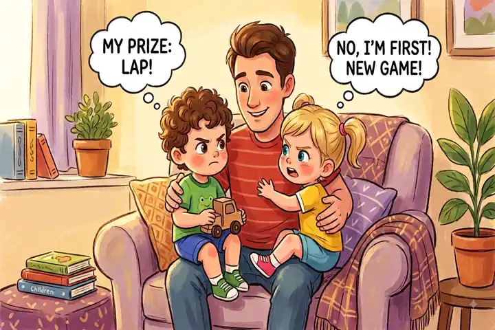 Sibling rivalry between toddlers during playtime with father