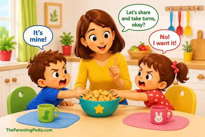 Sibling rivalry between toddlers over sharing snacks