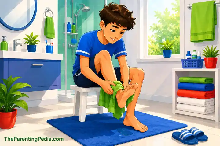 Teen drying feet to manage teenage body odor during puberty