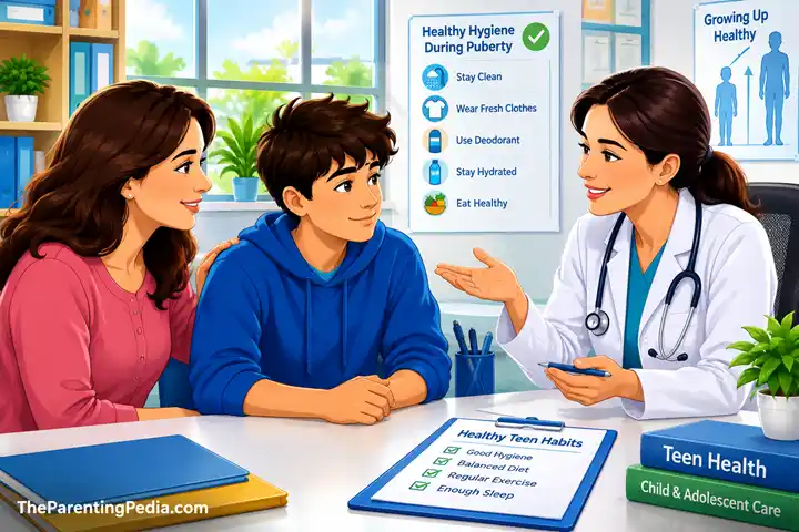 Doctor advising teen about teenage body odor during puberty