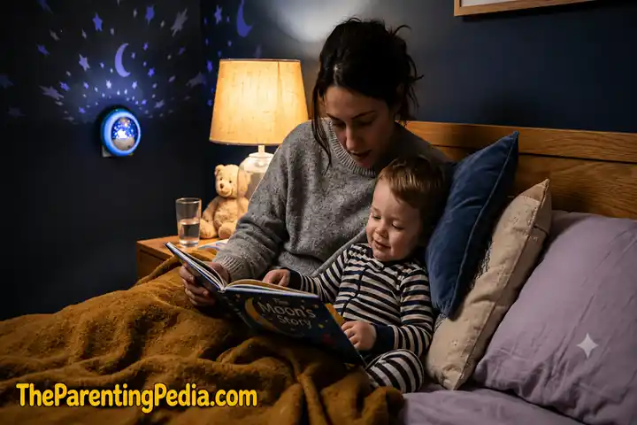 Toddler bedtime routine with parent reading a story