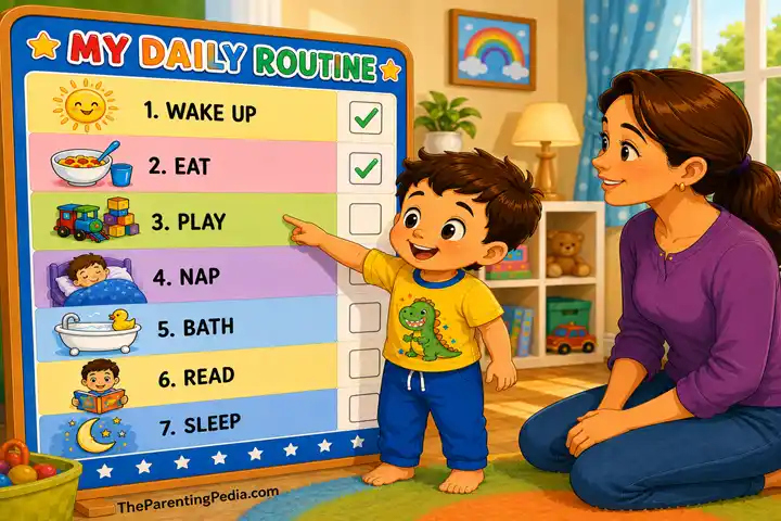 Toddler daily routine chart with a child and parent showing wake up, eat, play, nap, bath, read, and sleep