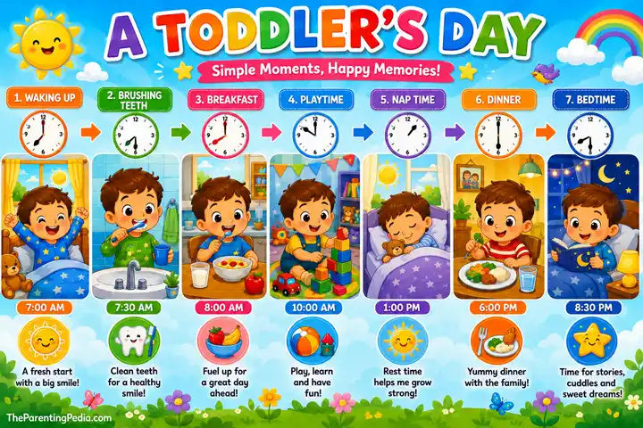 The chart shows daily routine for toddlers. chart showing waking up, brushing teeth, breakfast, playtime, nap, dinner, and bedtime