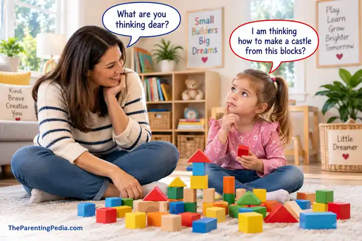 Clever child planning a block castle with her mother