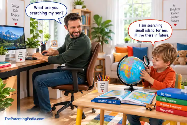 Clever child exploring a globe with a magnifying glass