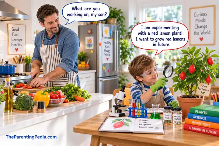 Clever child experimenting with a red lemon plant