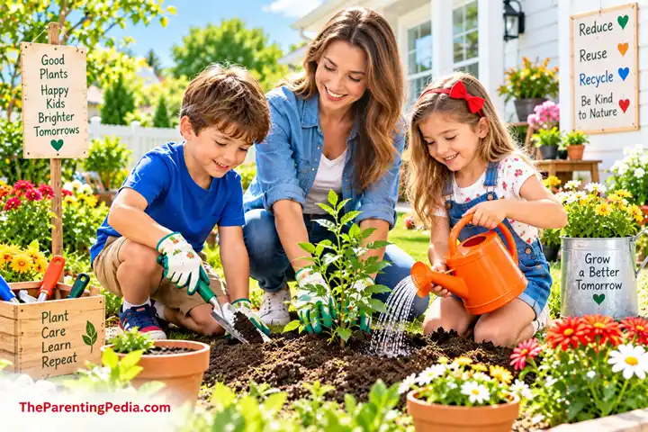 Environmental Awareness: children planting and watering a tree