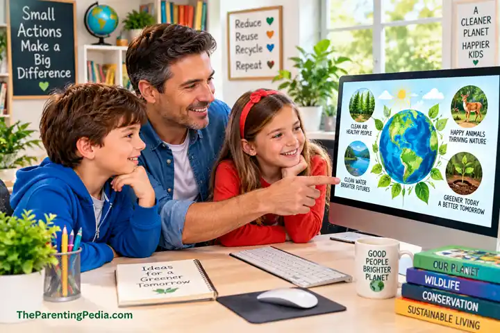 Environmental Awareness: father teaching children about nature