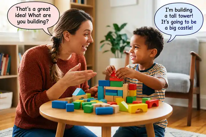 Mother and son communicates during play