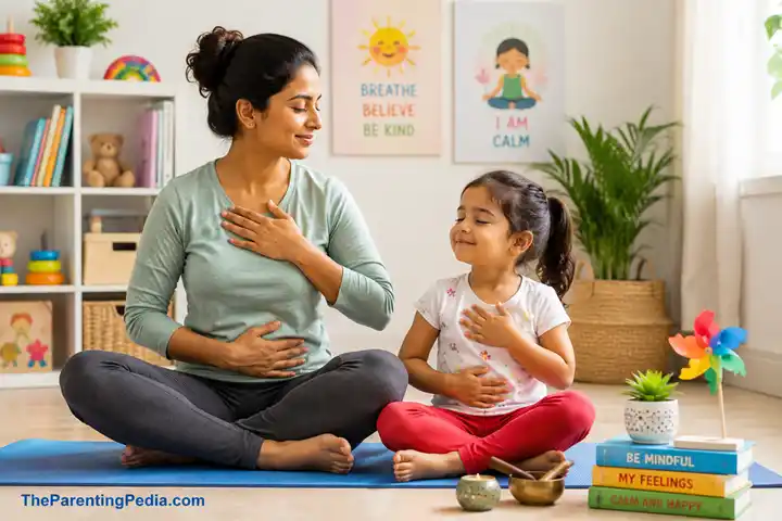Mindfulness and Meditation for Kids with mother and daughter practicing deep breathing