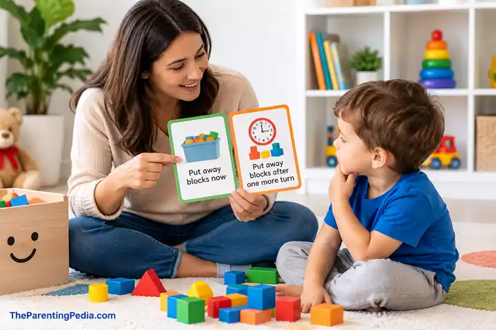 Toddler transitions with visual cues for putting away blocks
