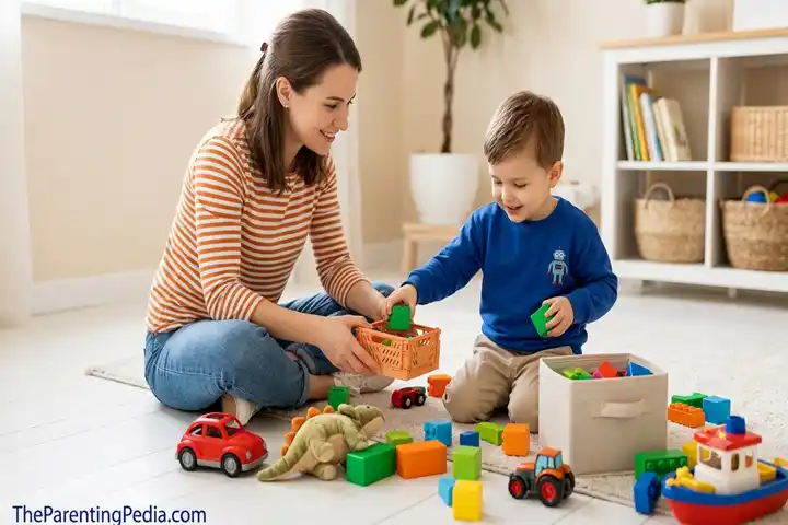 Visual cues help a toddler **guide your child's behavior** while cleaning up toys.