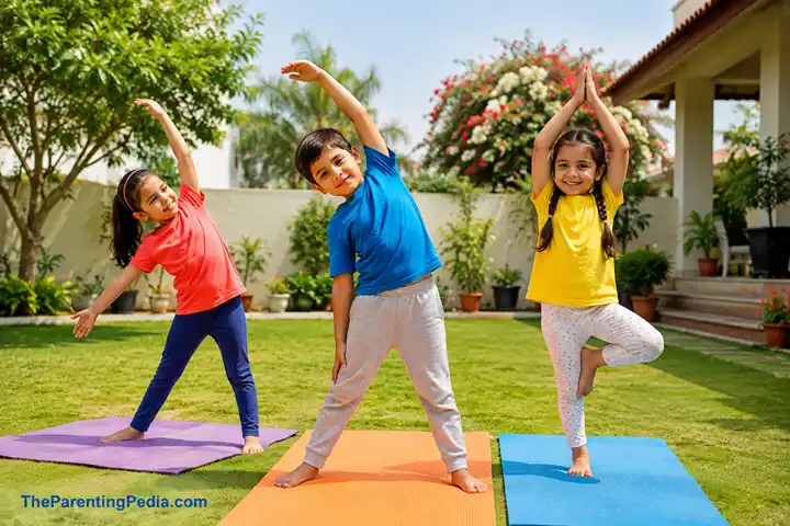 Yoga for kids with three children practicing poses outdoors