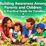 Parents build awareness in children by planting a sapling together.