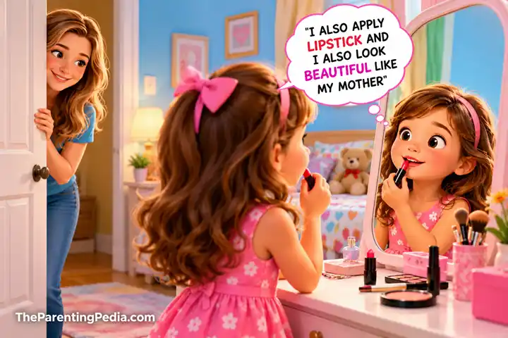 Children Learn by Example: Daughter Copying Mother's Makeup Children Learn by Example as a daughter copies her mother applying lipstick