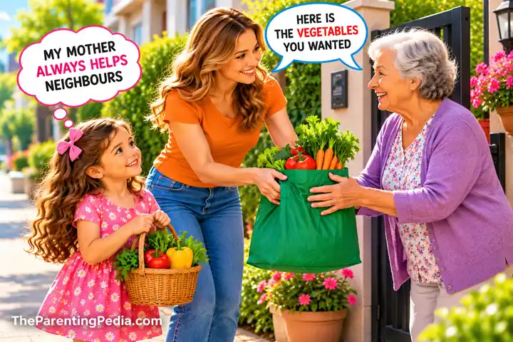 Children Learn by Example: Mother Helping a Neighbour Children Learn by Example as a daughter watches her mother help an elderly neighbour