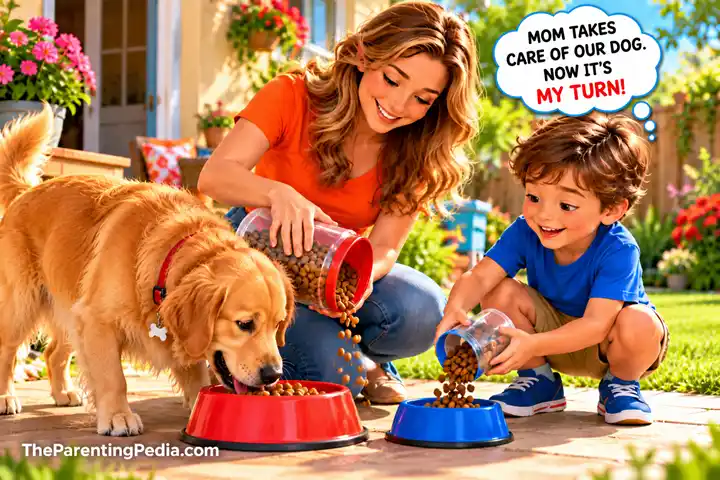 Children Learn by Example: Mother and Son Feeding a Dog Children Learn by Example as a boy copies his mother feeding their dog