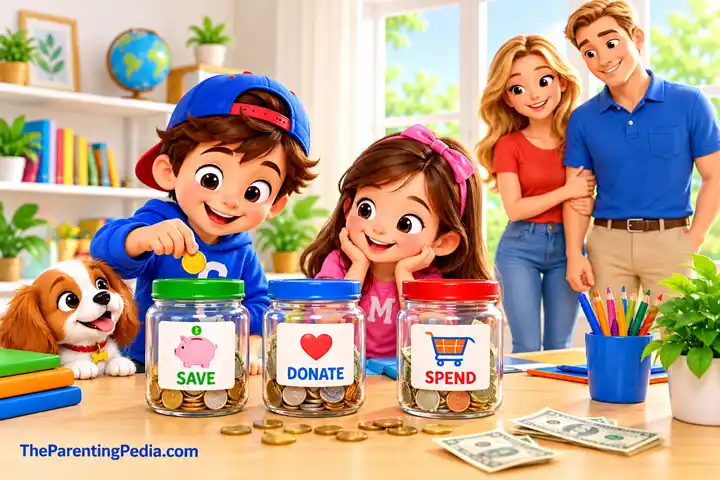 Teaching kids money management with save, donate, and spend jars at home