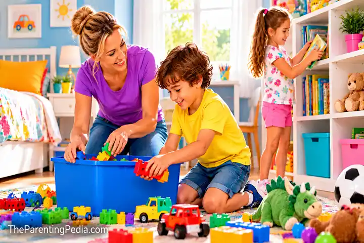 Positive discipline for kids through cleaning up toys with a parent.