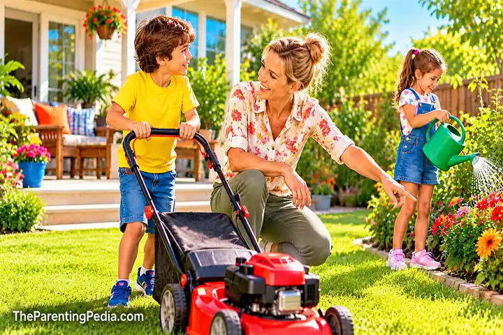 Positive discipline for kids through supervised lawn care and family teamwork.