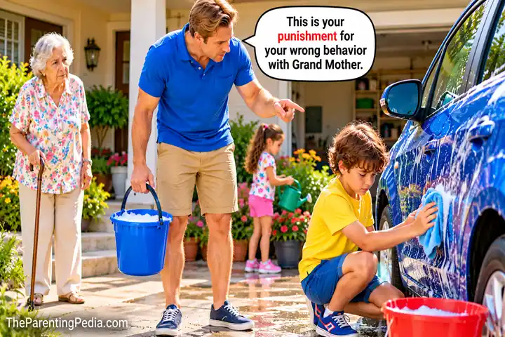 Positive discipline for kids as a father teaches his son responsibility after misbehaving with his grandmother.