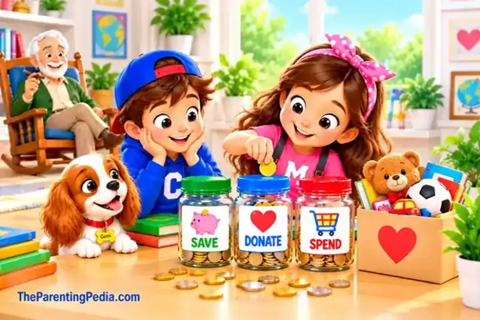 Teach kids about money using save, donate, and spend jars