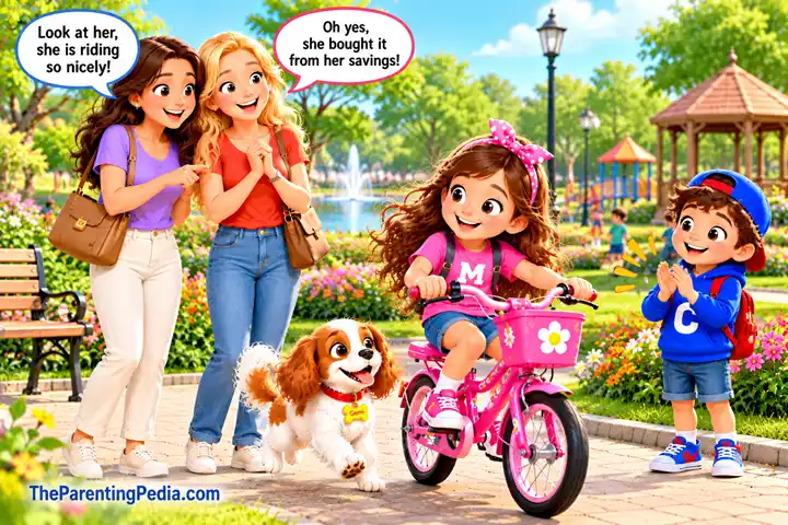 Teach Kids About Money by showing Matty riding her savings-funded bicycle